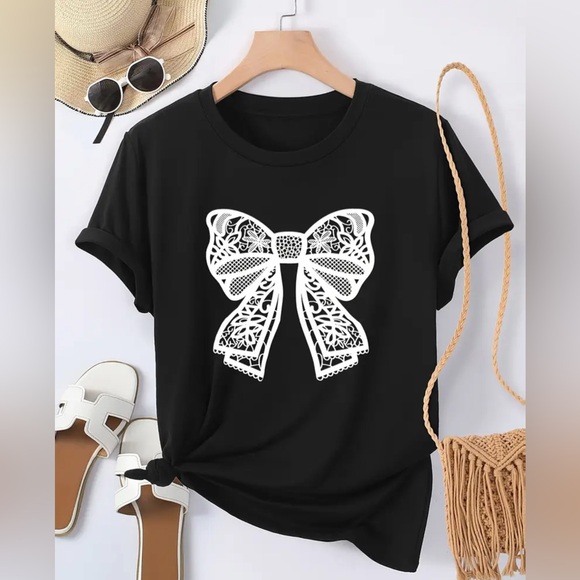 Tops - Contrast Bow Crew Neck T-Shirt